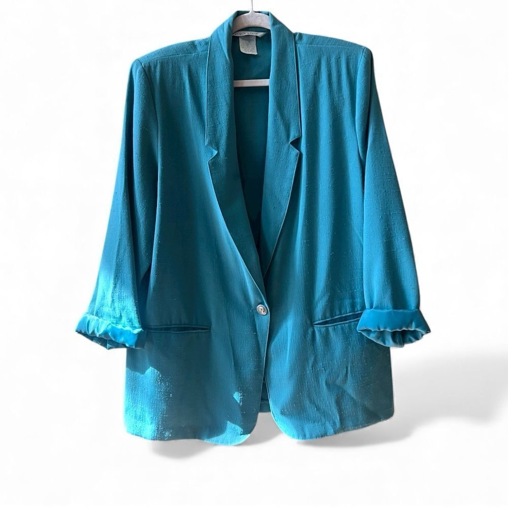 Ship ‘n Shore Blazer Sz 14 One Button Pockets Cotton Blend Shoulder Pads Vtg 90s